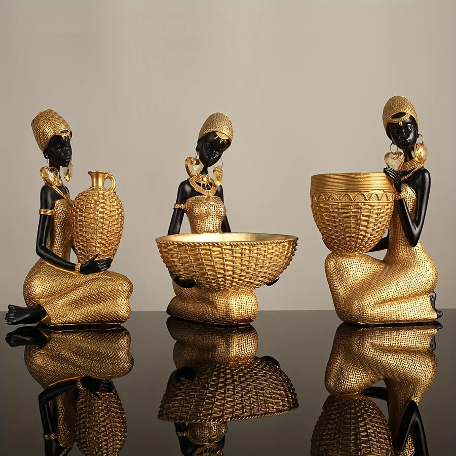 African Lady Resin Figurine Woven Texture Elegant Golden Black Modern Home Decor for Living Room Office Desktop Unique Gift Idea
