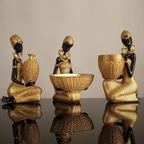 African Lady Resin Figurine Woven Texture Elegant Golden Black Modern Home Decor for Living Room Office Desktop Unique Gift Idea