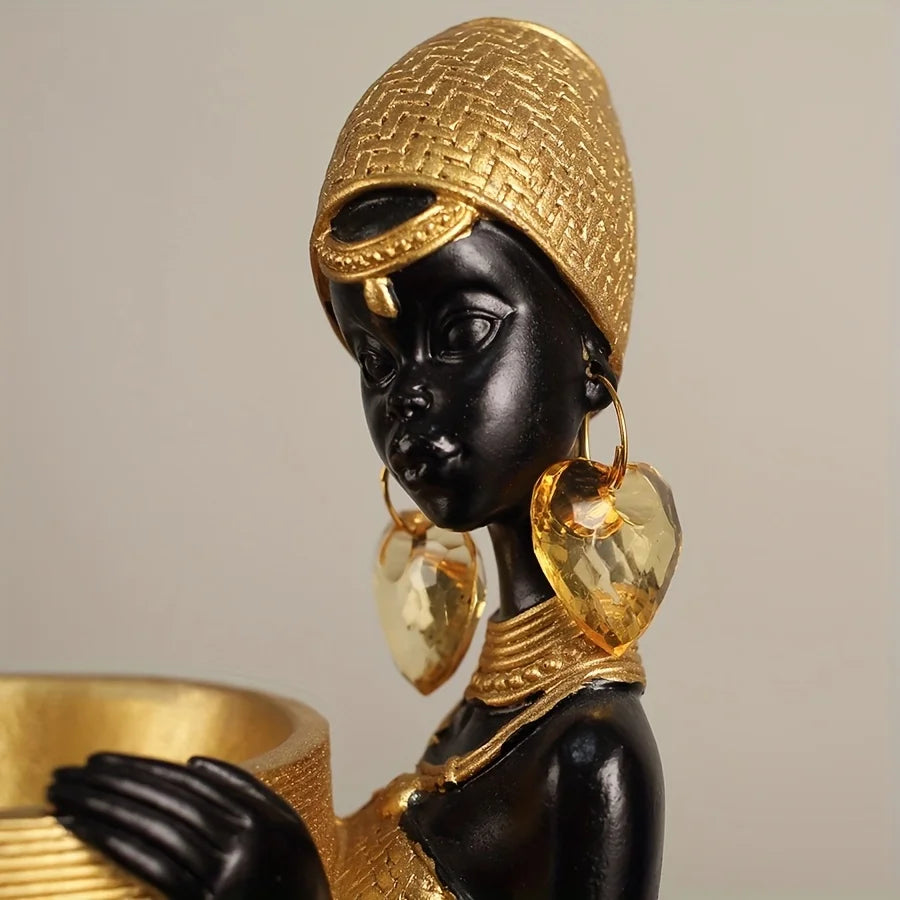 African Lady Resin Figurine Woven Texture Elegant Golden Black Modern Home Decor for Living Room Office Desktop Unique Gift Idea